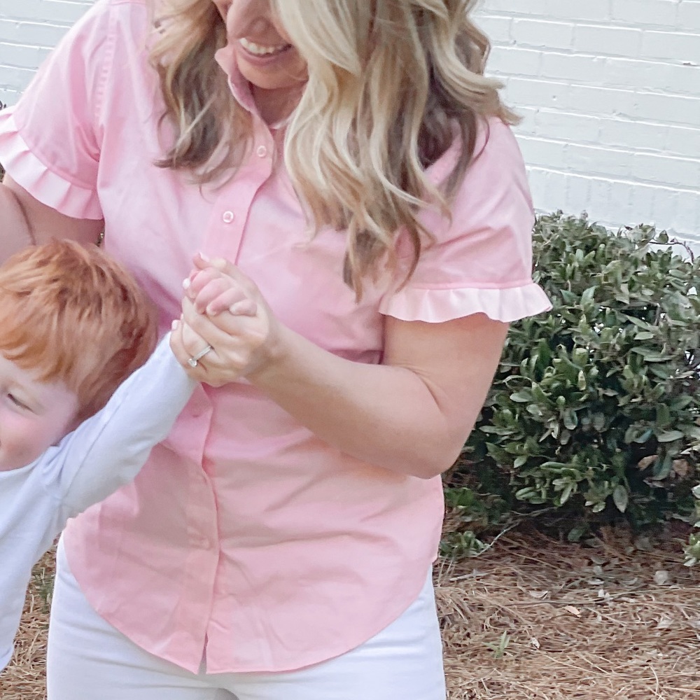 Pearly Vine Light Pink Ruffle Oxford Button Down